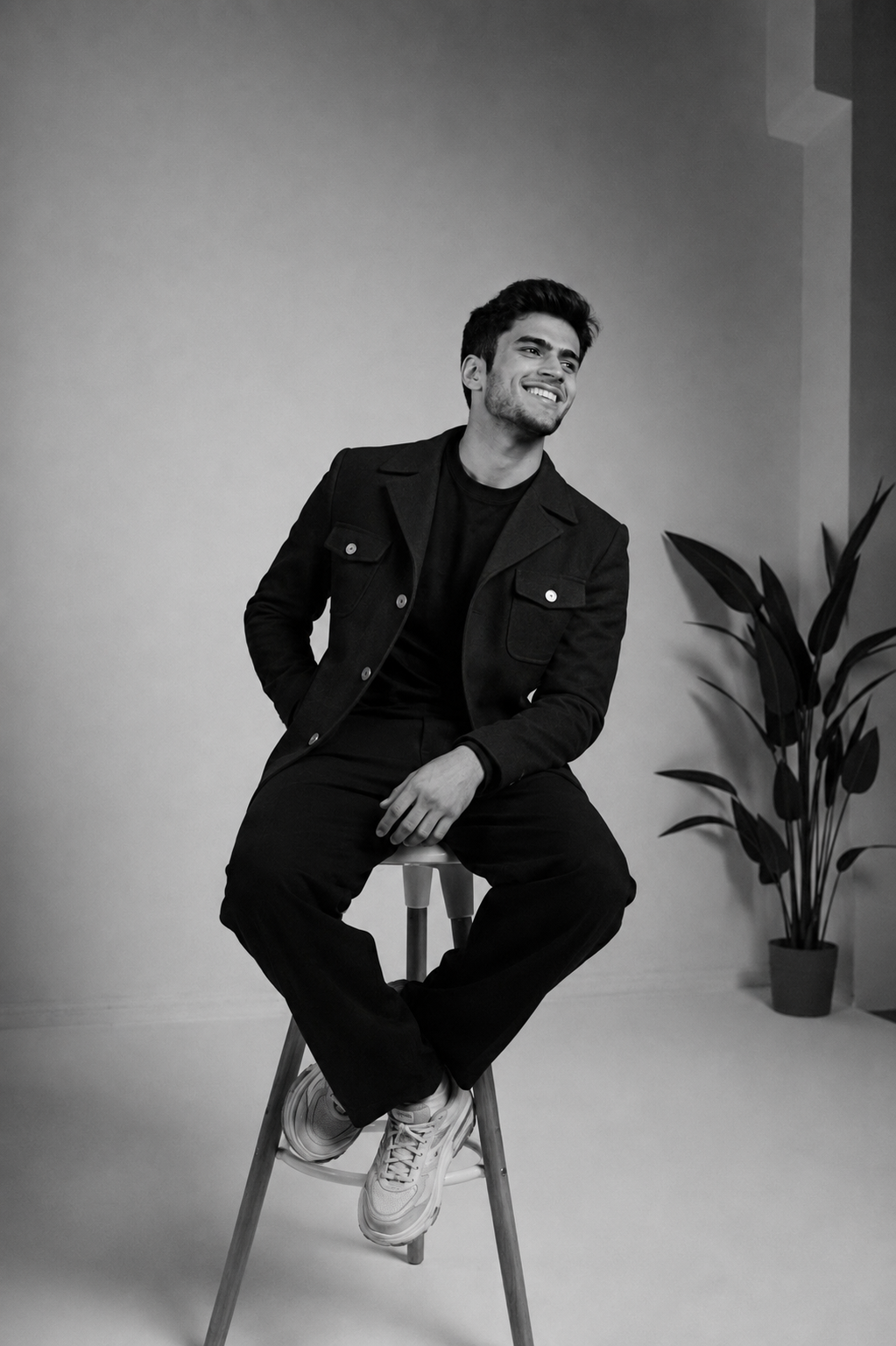 Atharva Sharma studio seated portrait in dark structured jacket